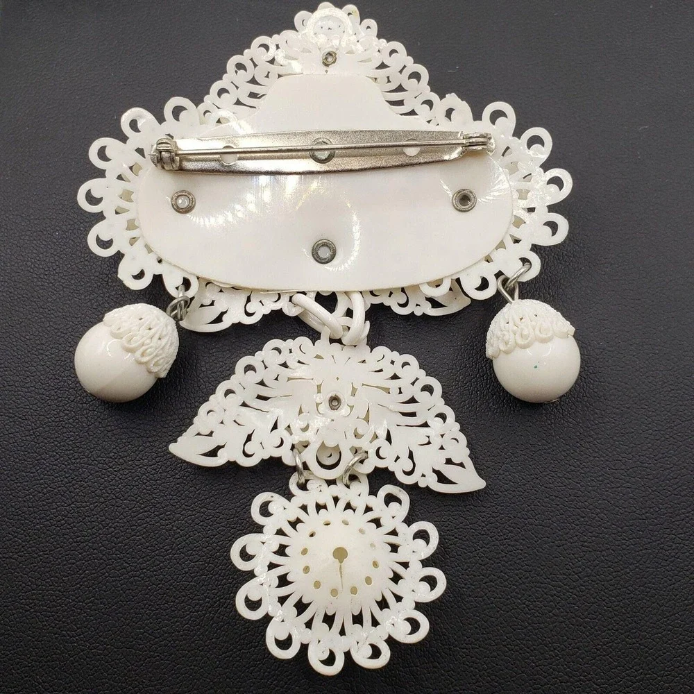 Antique Victorian Celluloid‎ Dangle Brooch Filigree White Ball Drop Pin Acrylic